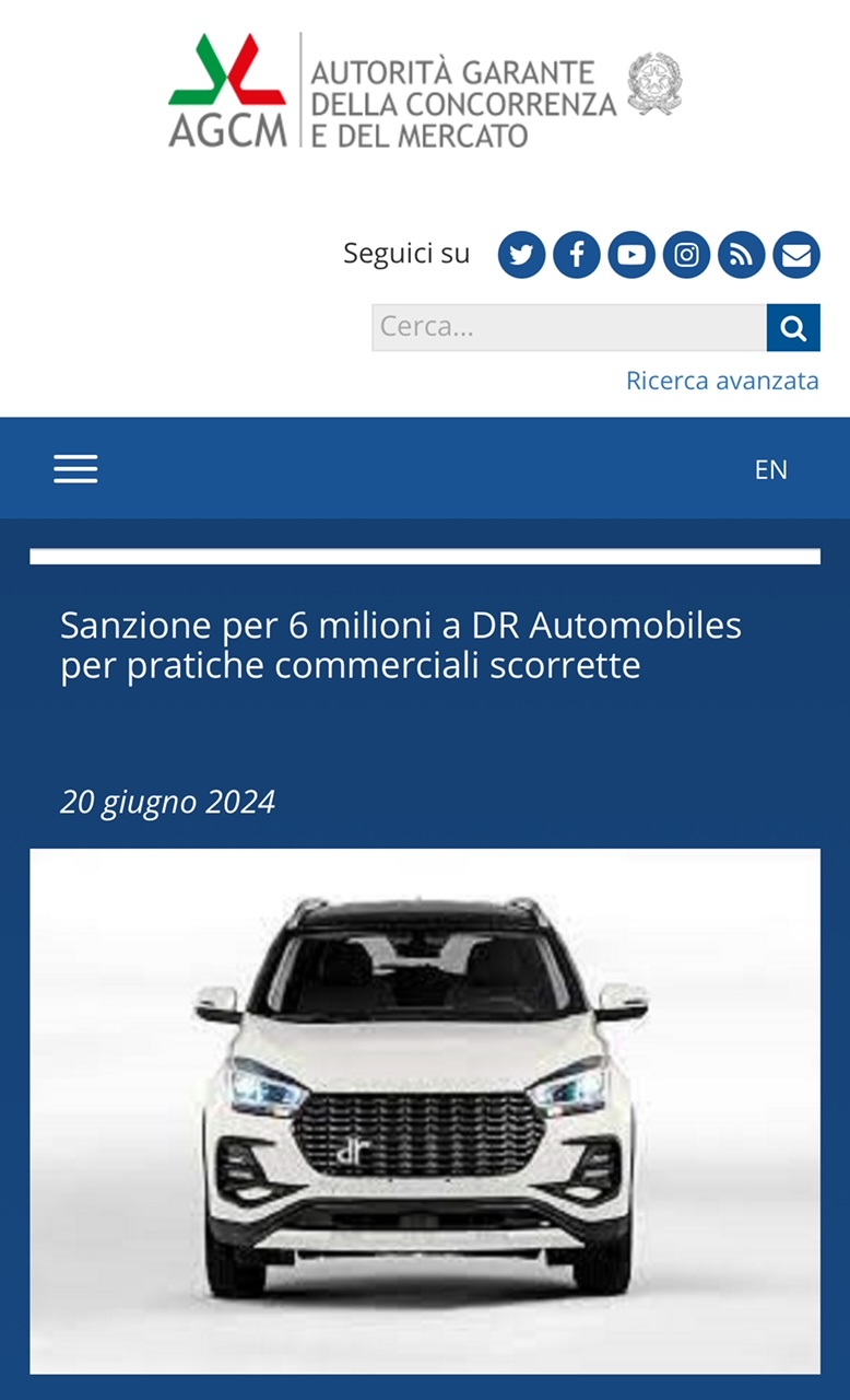 Sanzione di 6 milioni  a DR Automobiles per pratiche commerciali scorrette.