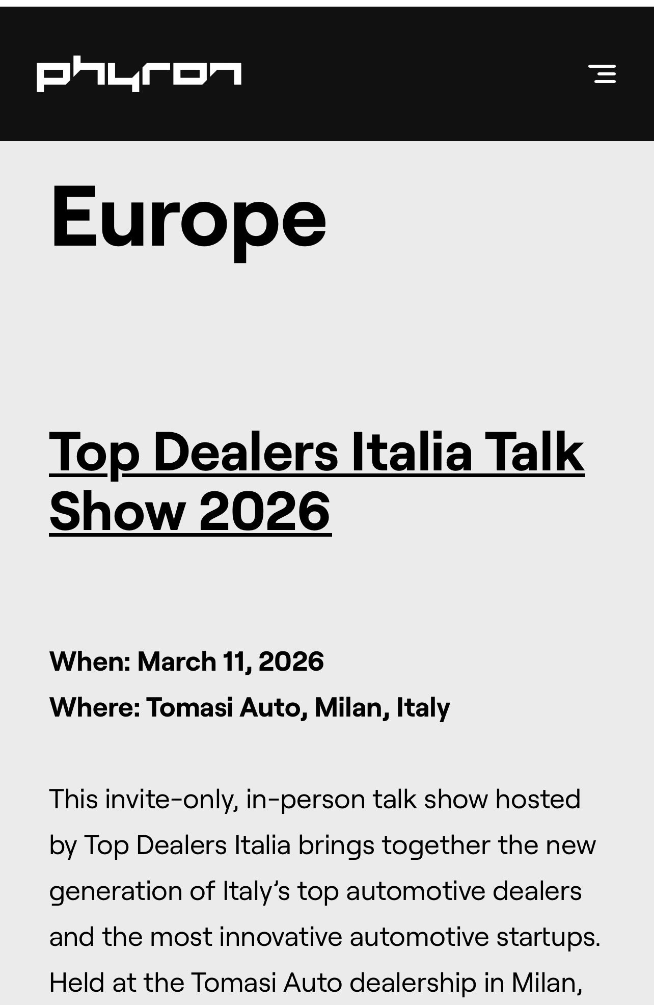 Eventi Automotive 2026: la guida Phyron porta Top Dealers Italia tra i big d’Europa