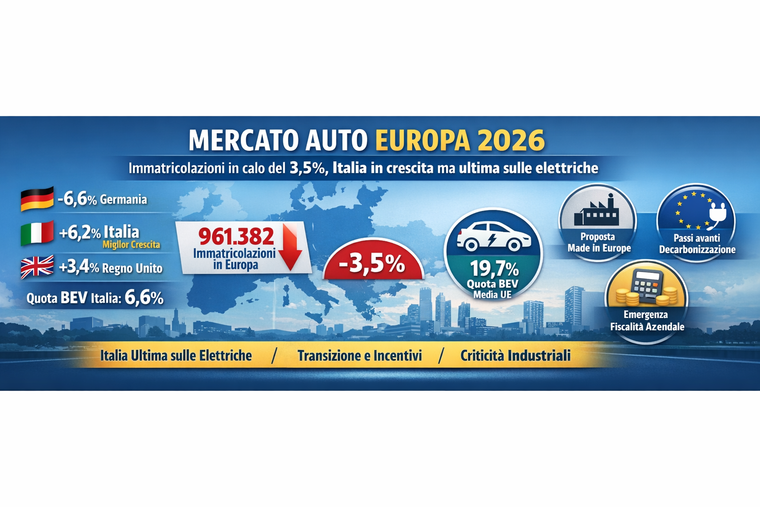 Mercato auto Europa 2026: immatricolazioni in calo del 3,5%